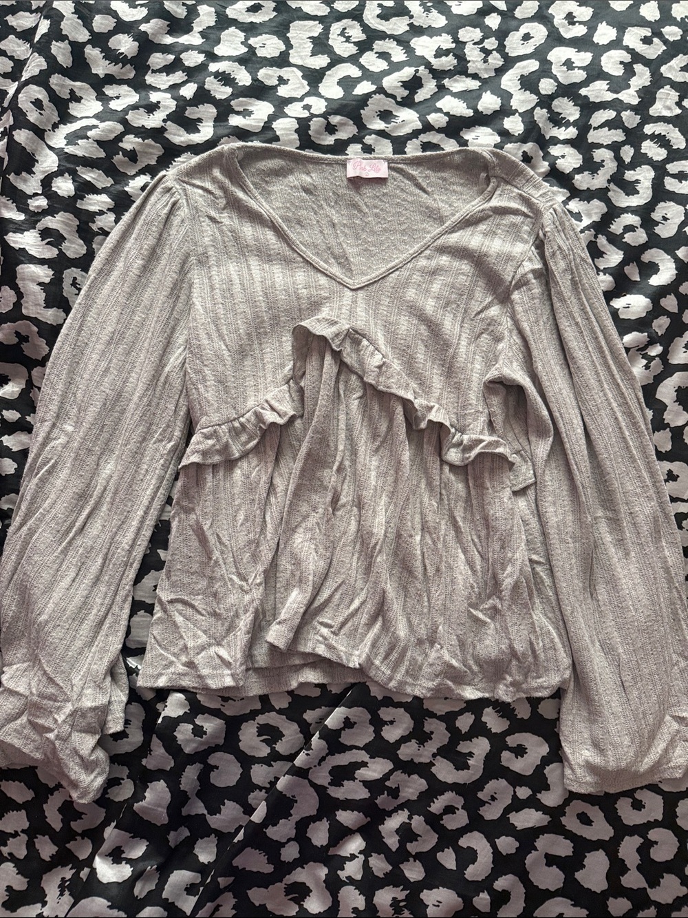 Pink Lily Taupe Ribbed Ruffle V-Neck Long Sleeve Top